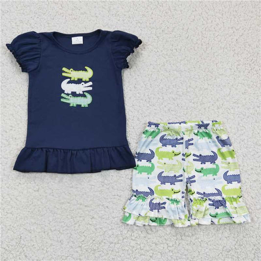 GSSO0159Crocodile embroidery cotton shirt shorts kids girls outfits