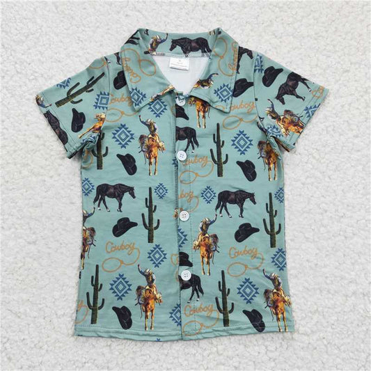 BT0214 Baby Boys Western Summer Sibling Button Ups Short Sleeve Shirts Tops