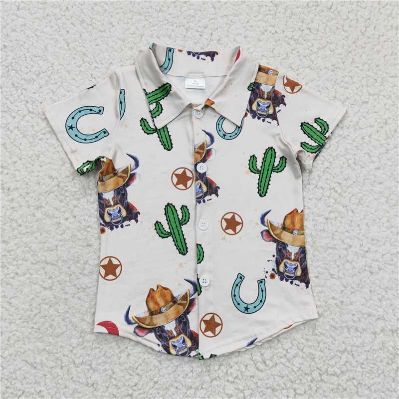 BT0213 Baby Boys Cactus Cow western button ups short Sleeve shirts tops
