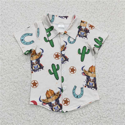 BT0213 Baby Boys Cactus Cow western button ups short Sleeve shirts tops