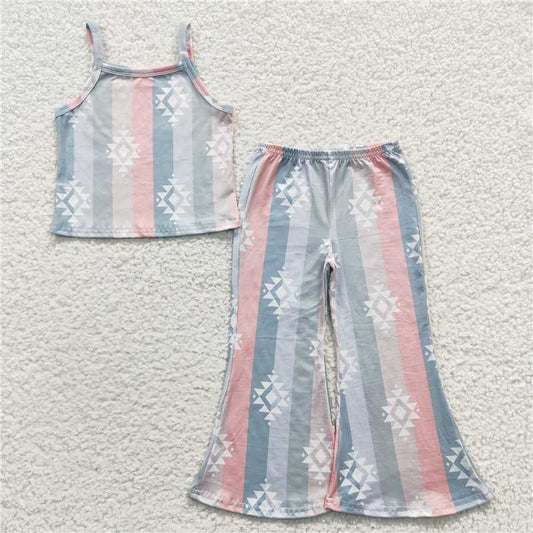 GSPO0528 Girls geometric blue striped suspender trousers set
