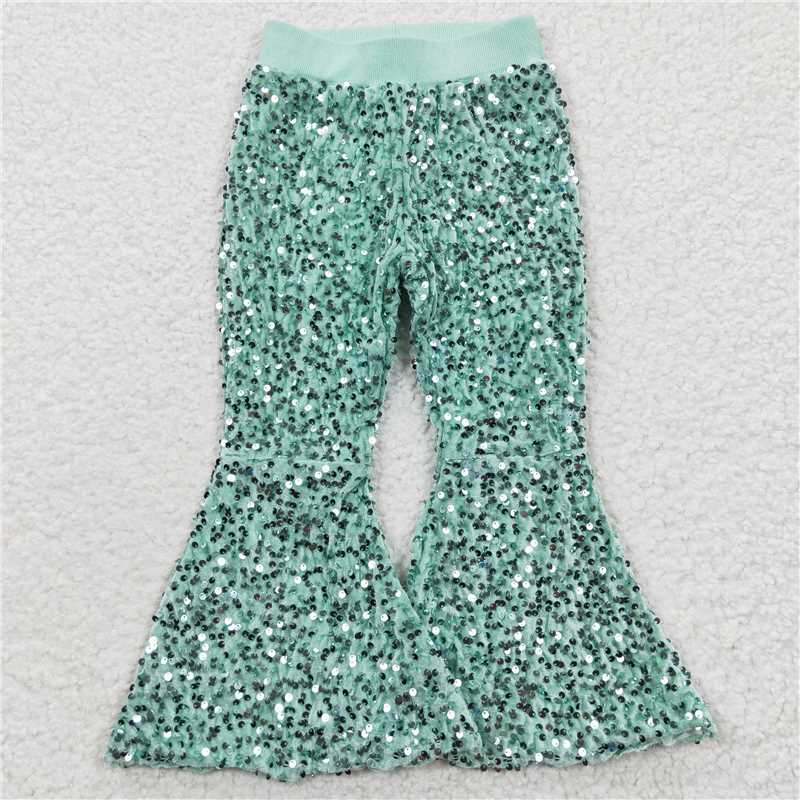 P0109  Baby Girls Light Green Sequin Bell Bottom Pants