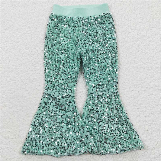 P0109  Baby Girls Light Green Sequin Bell Bottom Pants