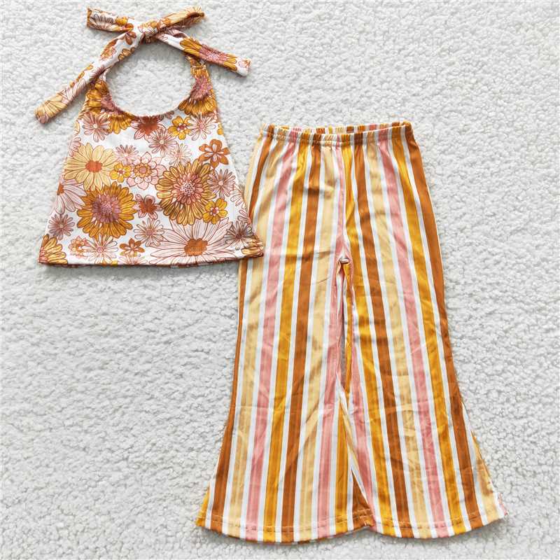GSPO0579 Girls orange floral halter neck colorful striped trouser suit