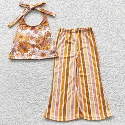 GSPO0579 Girls orange floral halter neck colorful striped trouser suit
