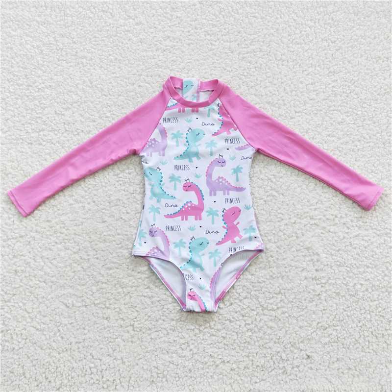 Baby Girls Dino Princess Swimsuit Long Sleeves One-Piece Lining UV Protection Swimwear for Kids