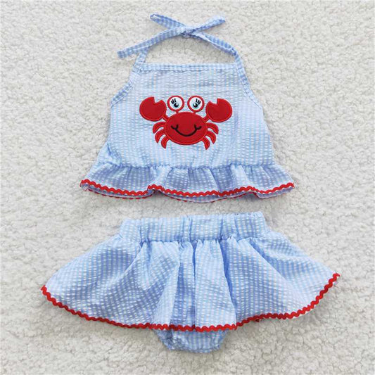 S0081  Baby Girls 2pcs Summer Crab Seersucker Bummie Sets