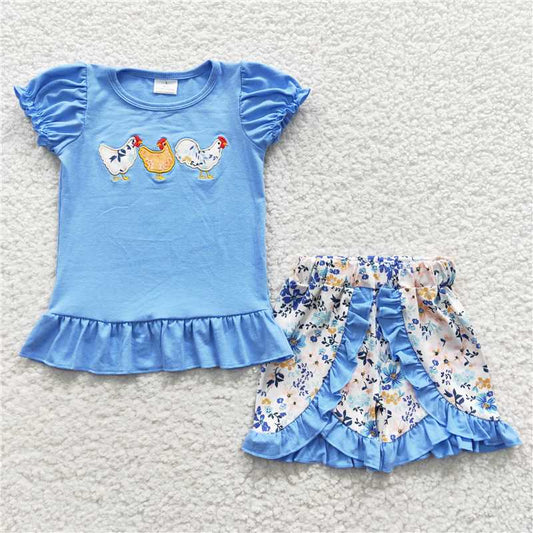 GSSO0211RTS NO MOQ Baby Girls Summer Outfits Chicken print shirt floral shorts girls clothing set