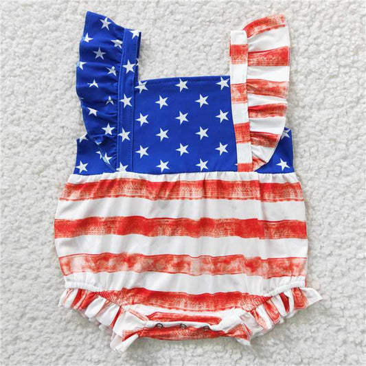 SR0326  Baby Girls 4th Of July Star Summer Bubble Rompers