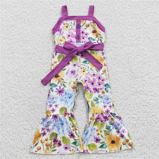 SR0301  Baby Girls Purple Flowers Strap Bell Bottom Jumpsuits