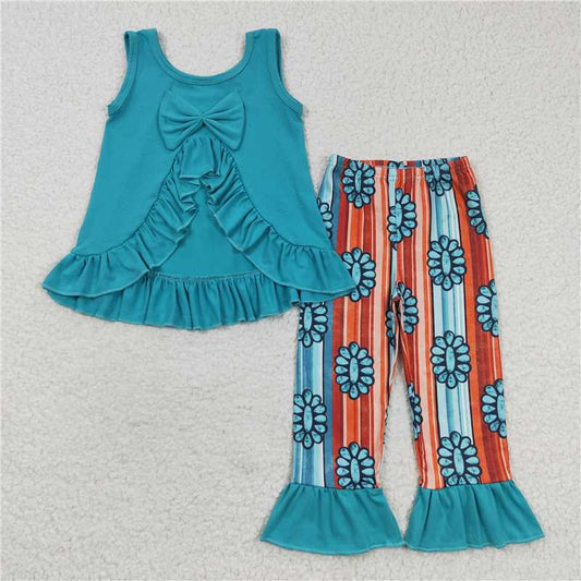 GSPO0665 Bow tie sleeveless top and gem print orange and green striped trousers set