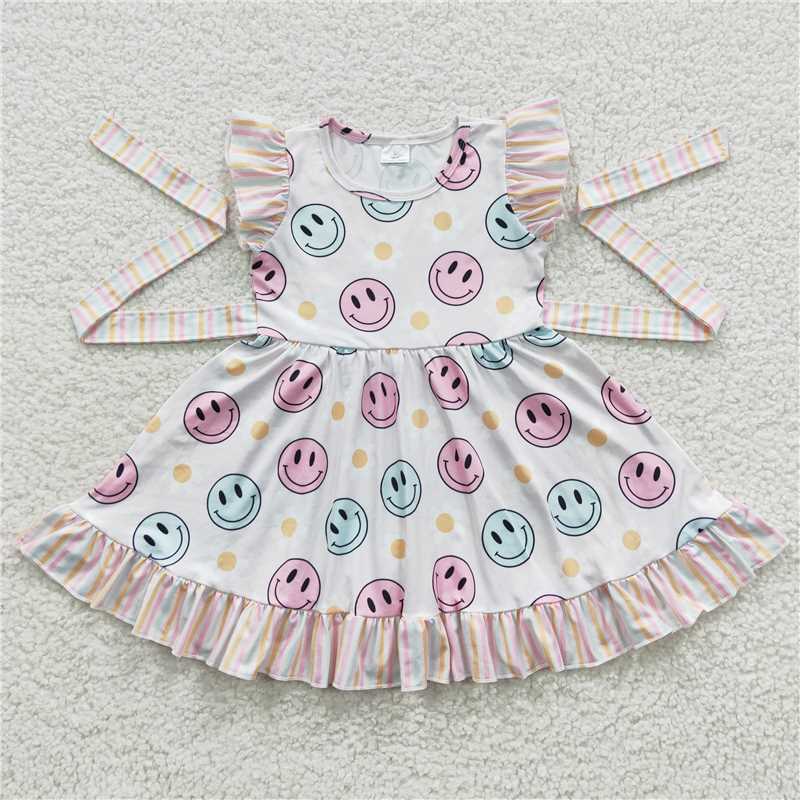 GSD0407 Smiley face flower striped belt flying sleeve dress