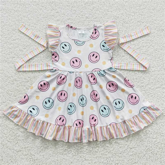 GSD0407 Smiley face flower striped belt flying sleeve dress