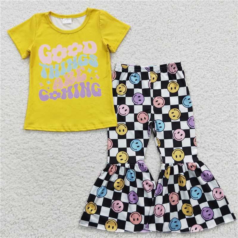 GSPO0685 Good things are coming Yellow letter top-plaid smiley face trousers set
