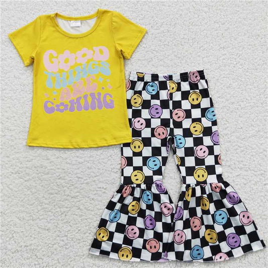 GSPO0685 Good things are coming Yellow letter top-plaid smiley face trousers set