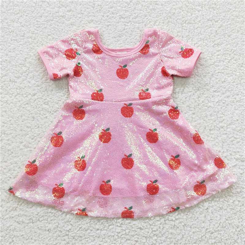 GSD0437 RTS NO MOQ Children Clothes Girls  Kids Dress Red Apple Sequin Pink Short Sleeve Dress