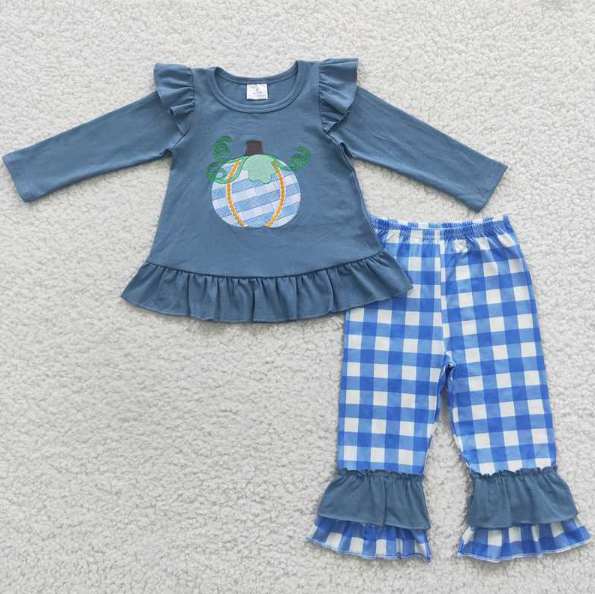 GLP0439Plaid pumpkin top ruffle pants girls fall clothing