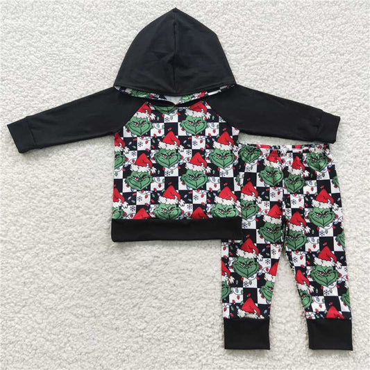 BLP0223 Black and white plaid grinch black hooded long-sleeved trousers suit