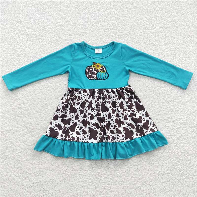 GLD0211  Baby Girls Pumpkin Cowhide Short Sleeve Ruffle Knee Length Dresses