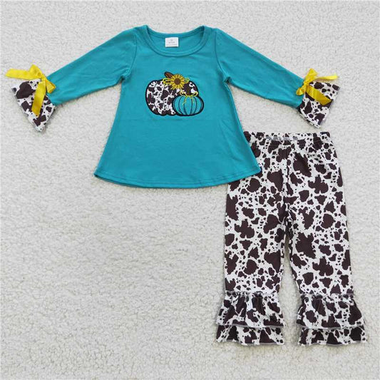 GSPO0704Turquoise cow pumpkin tunic ruffle pants western girls fall clothes
