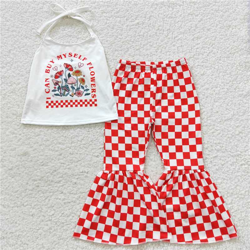 GSPO0761 Letter flower halter neck top and red and white plaid trousers set