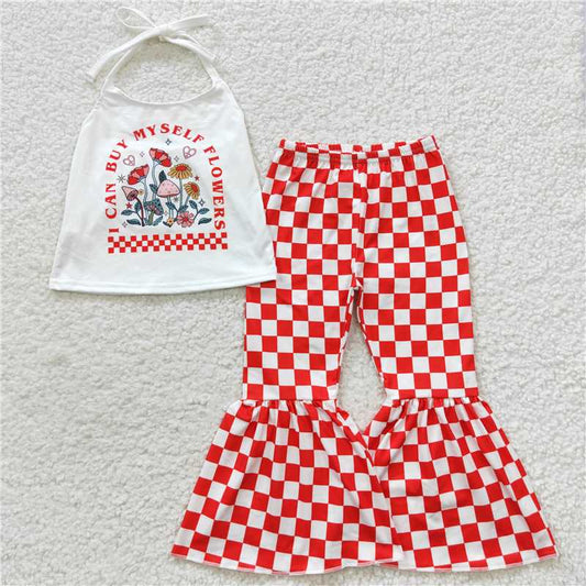 GSPO0761 Letter flower halter neck top and red and white plaid trousers set