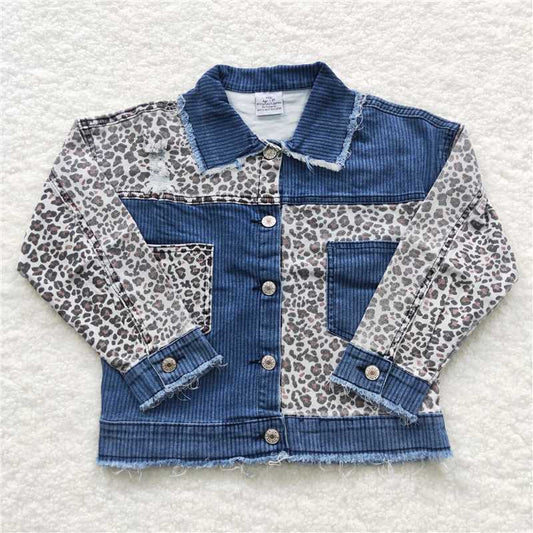 GT0203  Baby Girls Denim Leopard Patchwork Long Sleeve Jackets Cardigans