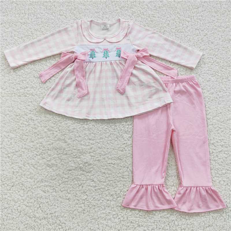 GLP0449 Embroidered Christmas tree plaid pink bow long-sleeved trousers suit