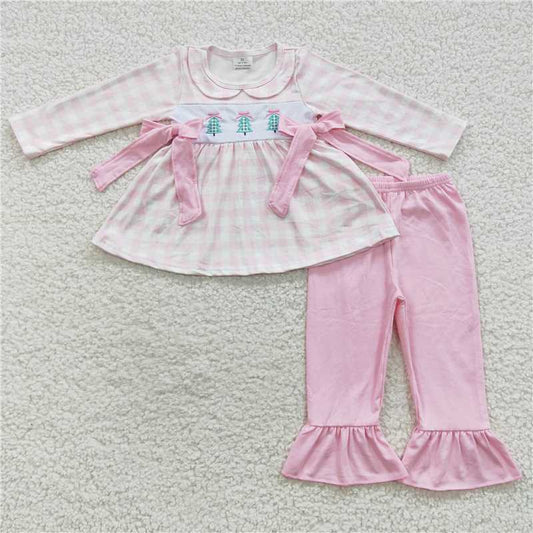 GLP0449 Embroidered Christmas tree plaid pink bow long-sleeved trousers suit