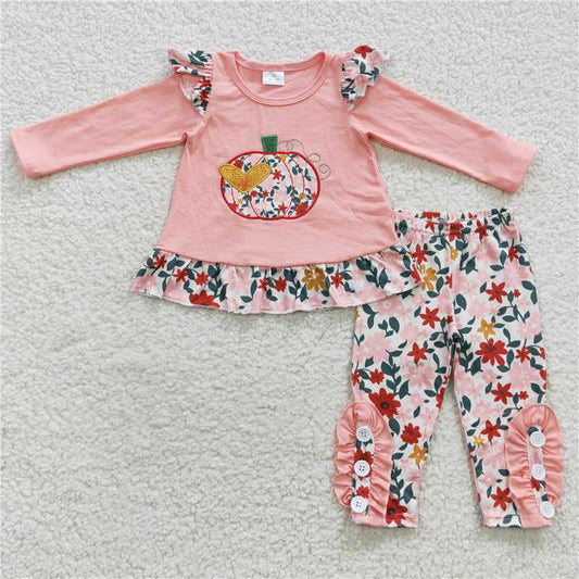 GLP0426Floral pumpkin shirt leggings girls fall clothing