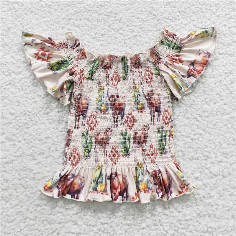 GT0182  Highland cow cactus aztec elastic girls western shirt