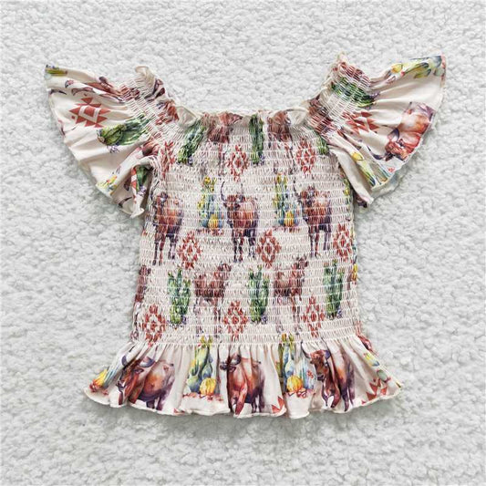 GT0182  Highland cow cactus aztec elastic girls western shirt