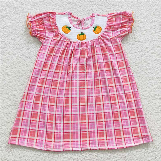 GSD0423  Pumpkin smocked plaid short sleeves baby girls dress