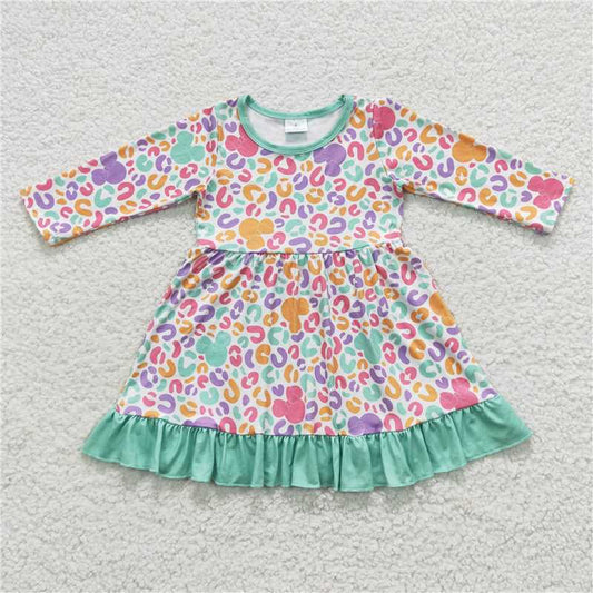 GLD0283  Baby Girls Leopard Cartoon Green Knee Length Dresses preorder
