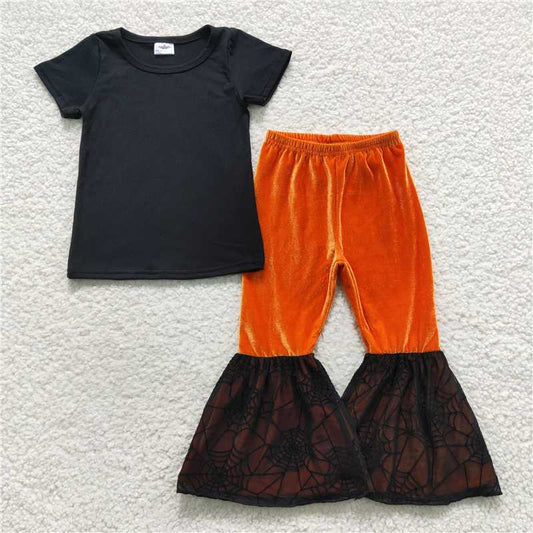 GSPO0772 Black short-sleeved orange spider web velvet flared pants suit