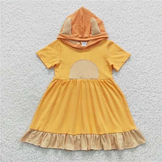 GSD0385 Orange Hooded Short Sleeve Ruffled Dress