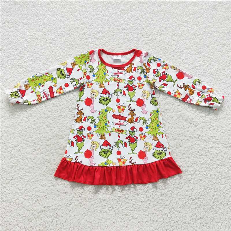 11.25 RTS NO MOQ （In stock）GLD0299 Baby Girls Christmas Frog Ruffle Gowns Dresses