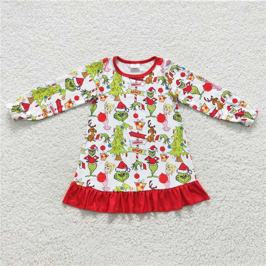 11.25 RTS NO MOQ （In stock）GLD0299 Baby Girls Christmas Frog Ruffle Gowns Dresses