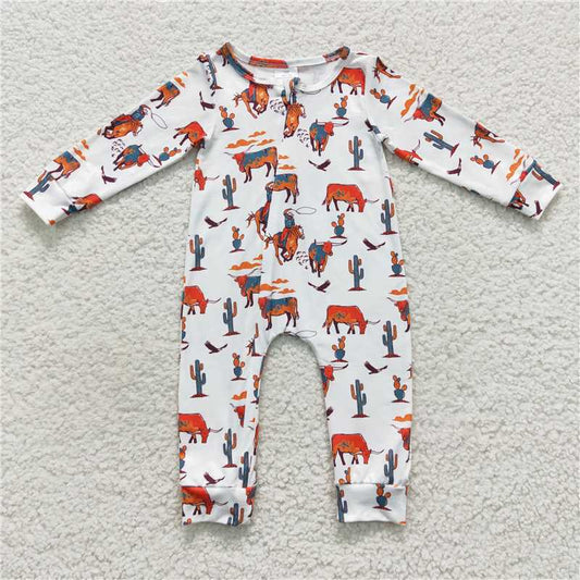 RTS LR0341 Riding Cow Cactus White Zipper Long Sleeve Bodysuit