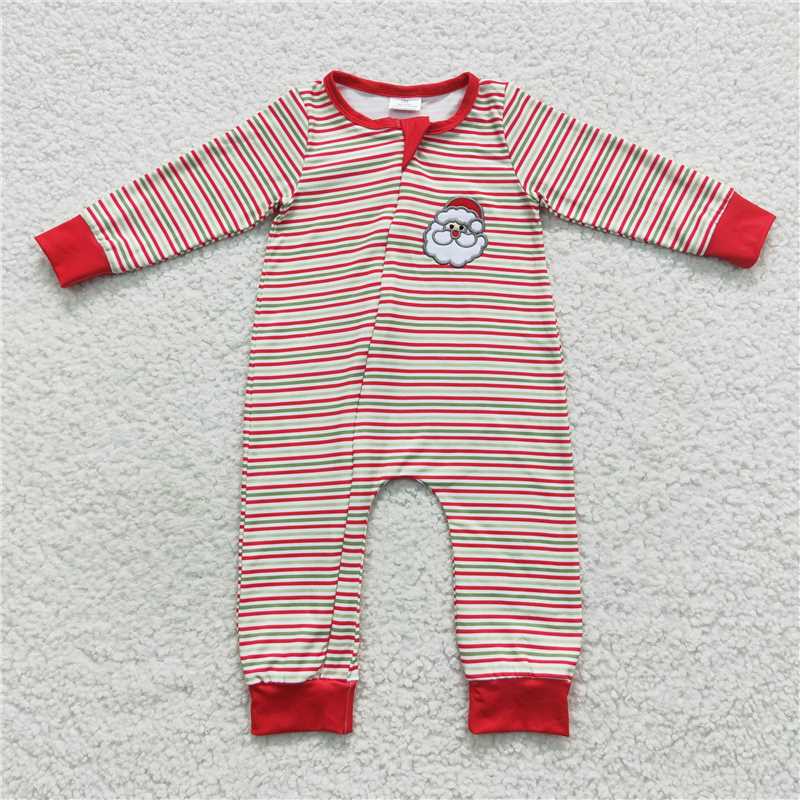 RTS LR0442 Embroidered Santa Claus red and green striped zipper long-sleeved jumpsuit