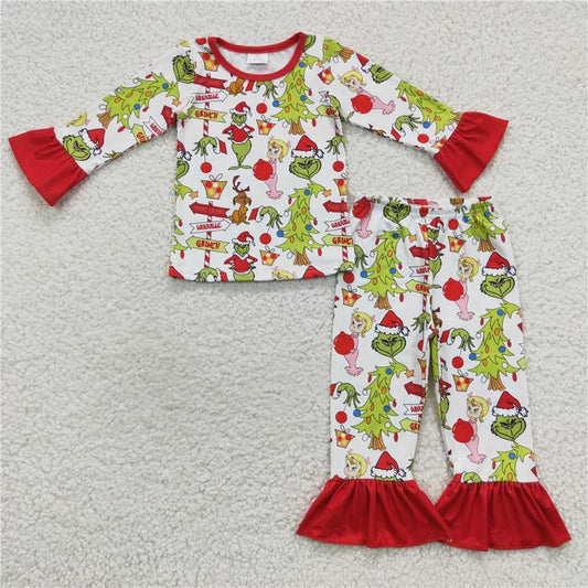 GLP0619 Girls Christmas grinch long-sleeved trousers set