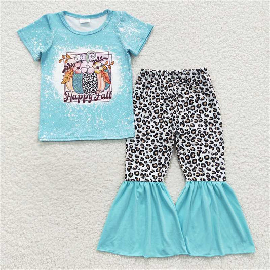 GSPO0708 Happy fall pumpkin leopard print blue-green short-sleeved trousers suit