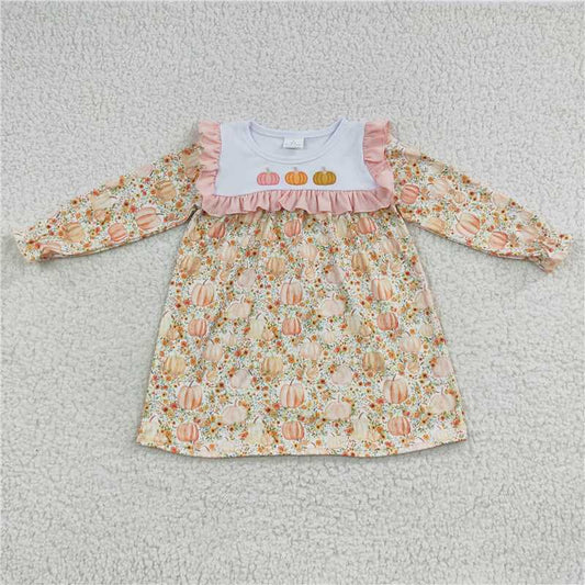 GLD0238  Baby Girls Pumpkin Floral Knee Length Dresses