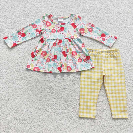 GLP0581Floral tunic yellow plaid leggings girls clothing set