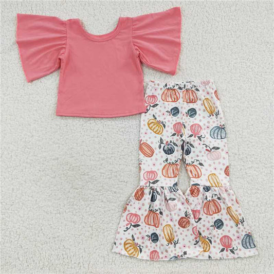 GSPO0670 Solid color short-sleeved top and pumpkin-spotted trousers set