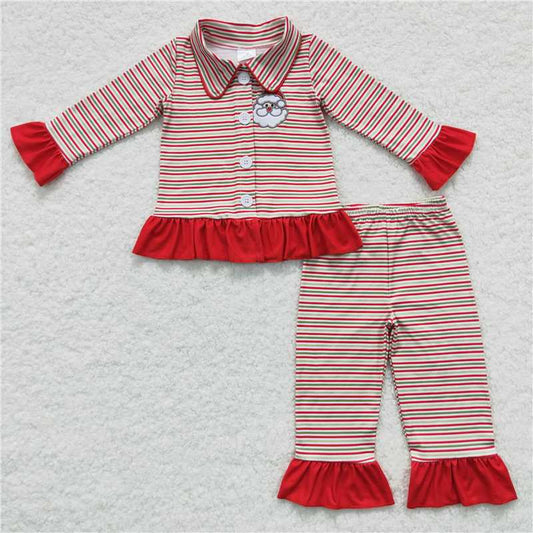GLP0550 Embroidered Santa Claus red and green striped collar lace long sleeve trousers suit