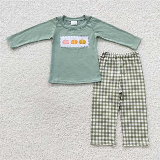 BLP0226Pumpkin top plaid pants kids boy fall clothes