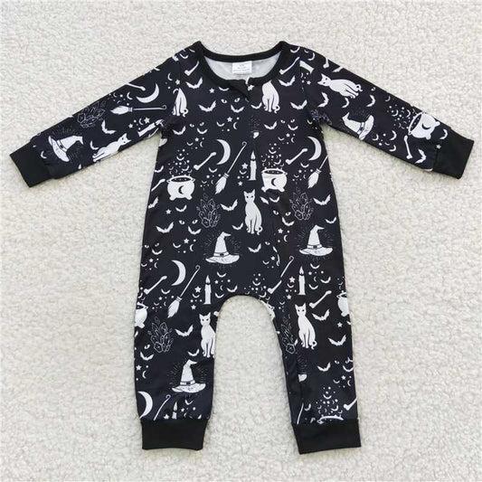RTS LR0473 Cat Magic Broom Witch Moon Bat Black Zipper Long Sleeve Bodysuit