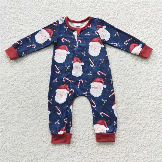 RTS LR0498 Candy Cane Santa Claus Navy Blue Zipper Long Sleeve Bodysuit