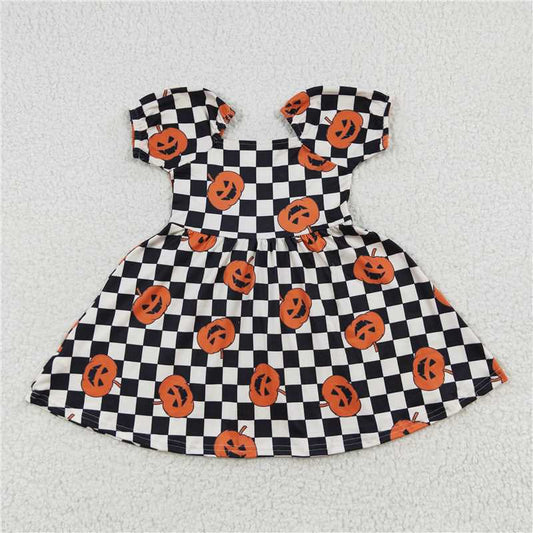 GLD0302   Short sleeves plaid pumpkin baby girls Halloween dress